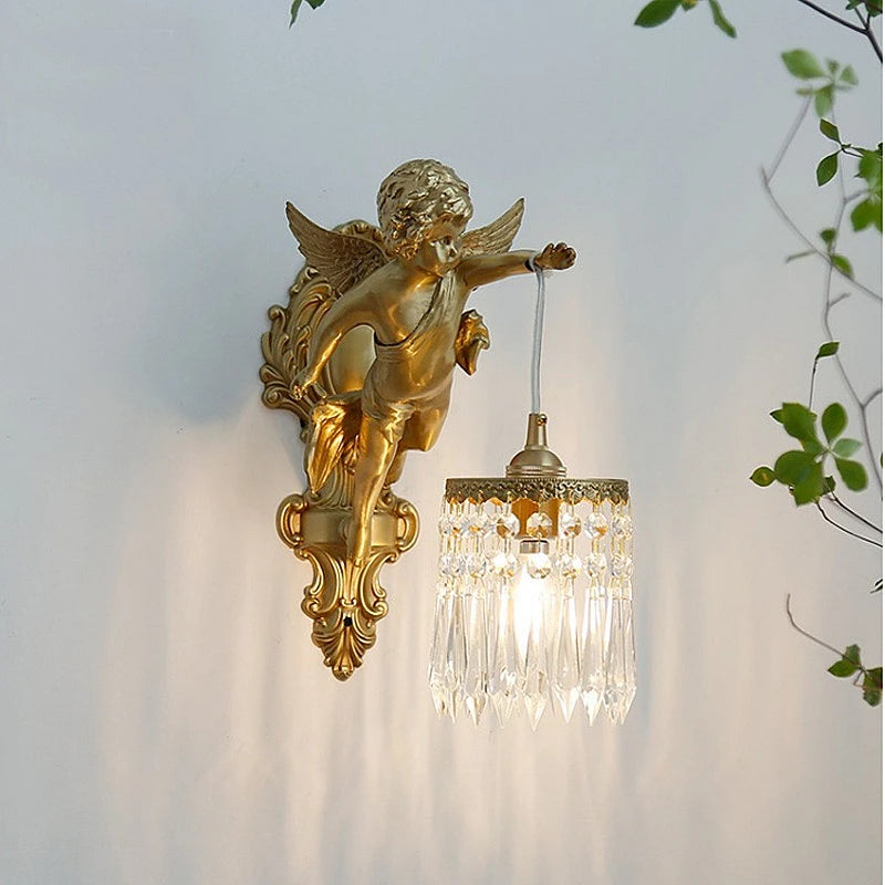 Nordic Creative Crystal Wall Lamp French Bronze Angel Wall Light Retro Luxury Sconce For Living Room Bedroom Restaurant Corridor Golden Atelier 1