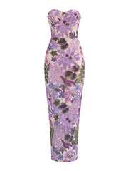 Strapless Floral Sequin Mesh Column Gown