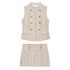Stand Collar Vest and Pleated Shorts Set