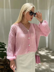 Pink Lantern Sleeves Single Breasted Sweater 