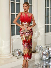 Strapless feather embellished gown designed for formal celebration
