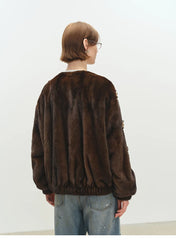 Beaded Brown Faux Fur Bomber Jacket