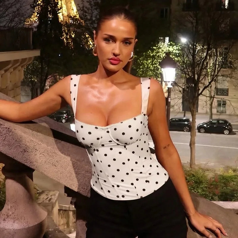 White polka dot bustier corset top with sweetheart neckline