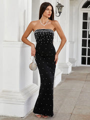 Pearl Design Bandage Strapless Long Dress