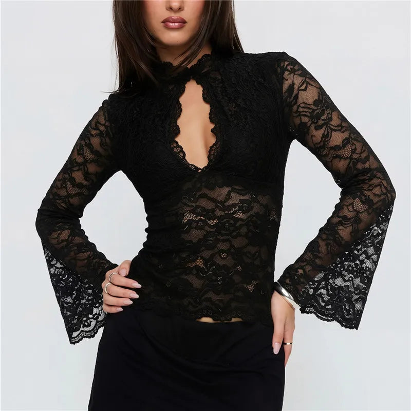 Black sheer lace flared sleeve top with keyhole neckline