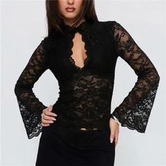 Black sheer lace flared sleeve top with keyhole neckline