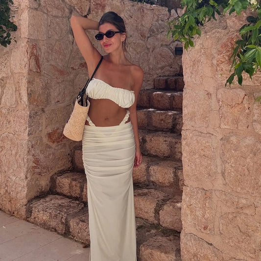 Monochrome bikini top and long skirt set