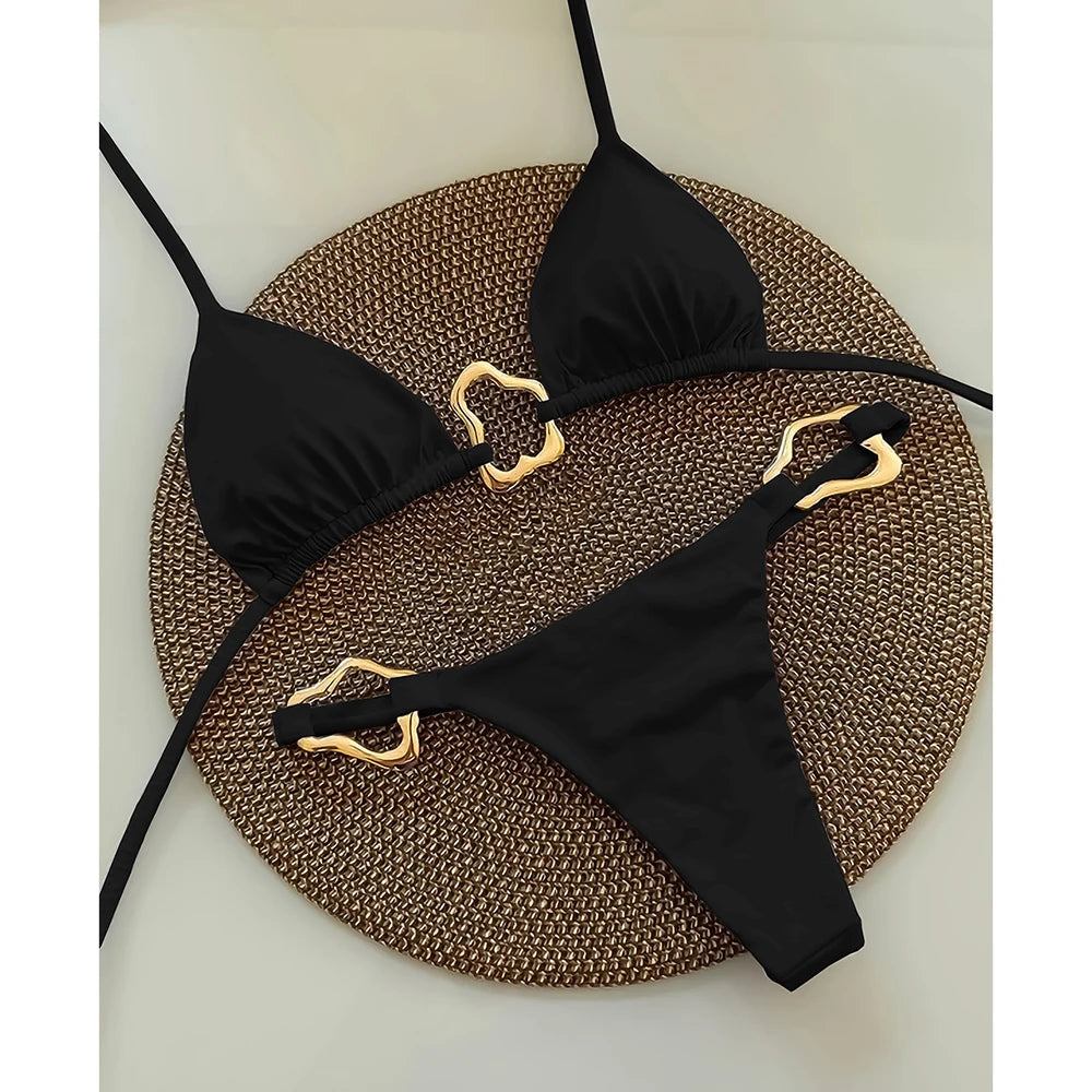 Black solid color bikini with gold ring detail
