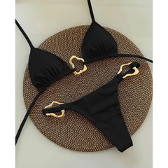 Black solid color bikini with gold ring detail