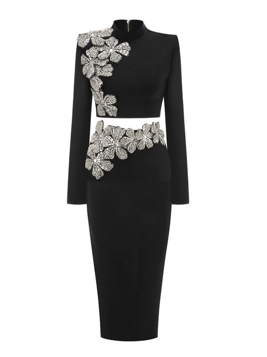 Turtleneck long sleeve crop top and matching mini skirt set with floral crystal embellishments