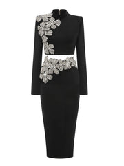 Turtleneck long sleeve crop top and matching mini skirt set with floral crystal embellishments