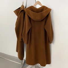 Hooded Wool Blend Coat with Pom-Pom Scarf