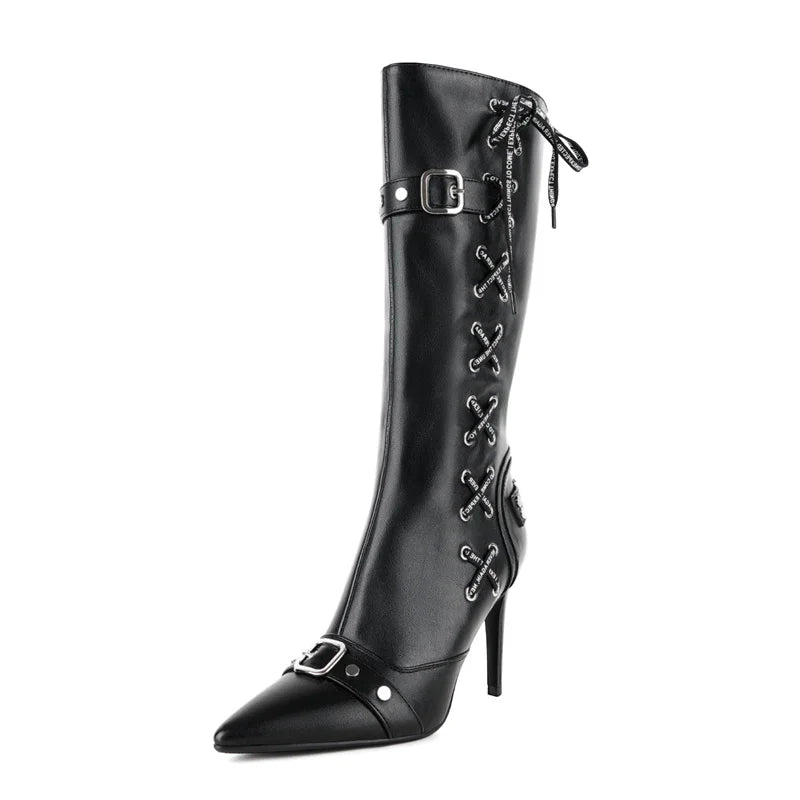 Black faux leather pointed toe stiletto boots with criss-cross lacing and buckle details
