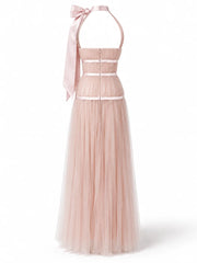 Pink Bow Detail Tulle Maxi Dress