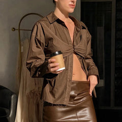 Brown twisted front button shirt