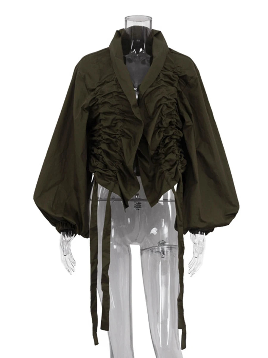 Ruched drawstring collar shirt on mannequin