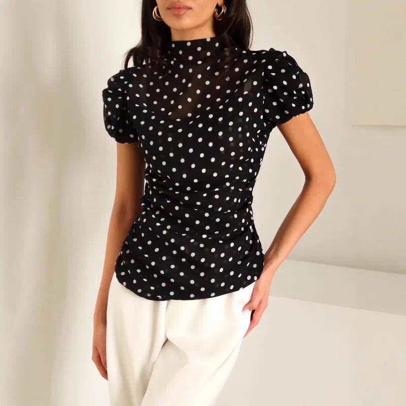 Mock neck ruched polka dot mesh puff sleeve top