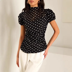 Mock neck ruched polka dot mesh puff sleeve top
