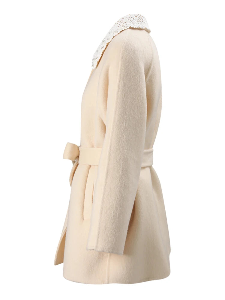 Beige belted wool blend coat side view