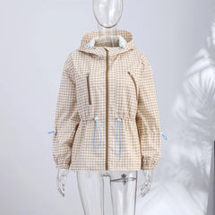 Gingham Drawstring Waist Hooded Jacket