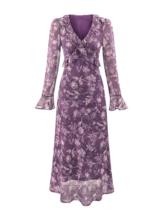 Ruffled floral chiffon maxi dress front view