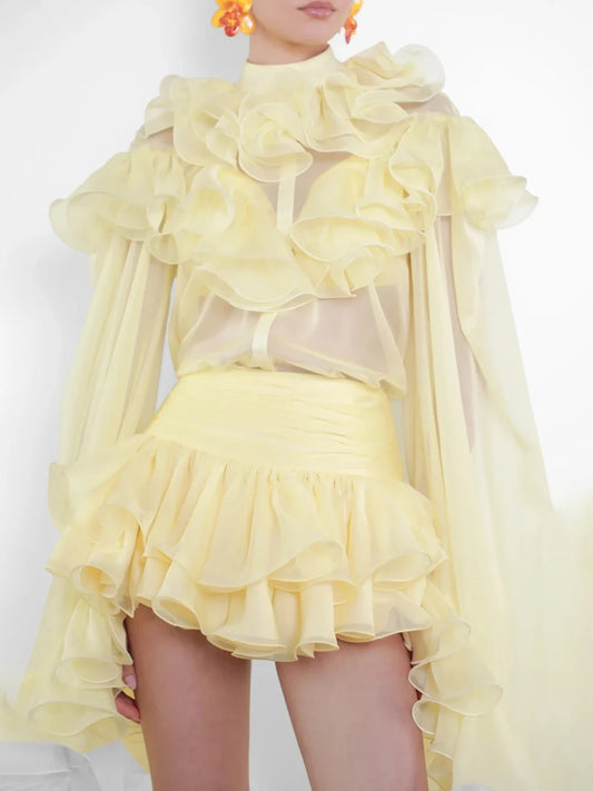 Ruffle trim high neck long sleeve top and high waist mini skirt two-piece set