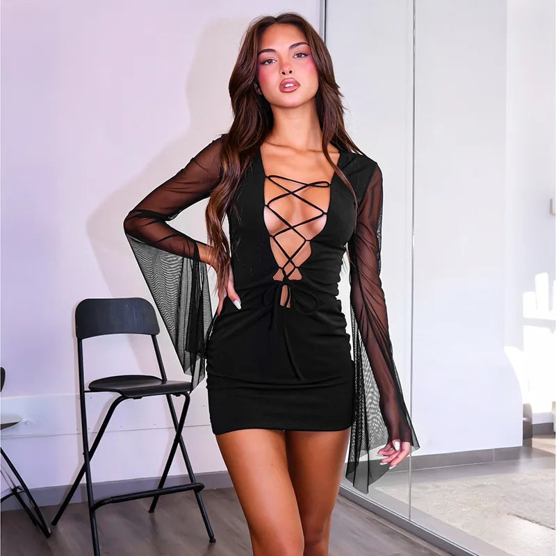 Black mesh lace up mini dress with bell sleeves