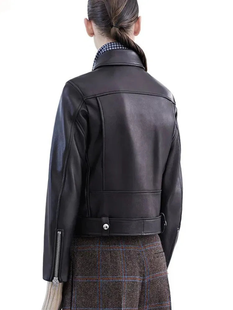 Black Faux Leather Zipper Turn-down Collar Jacket With Belt