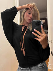 Tie neck long sleeve black top