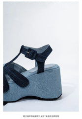 Denim Platform Flower T Strap Sandals