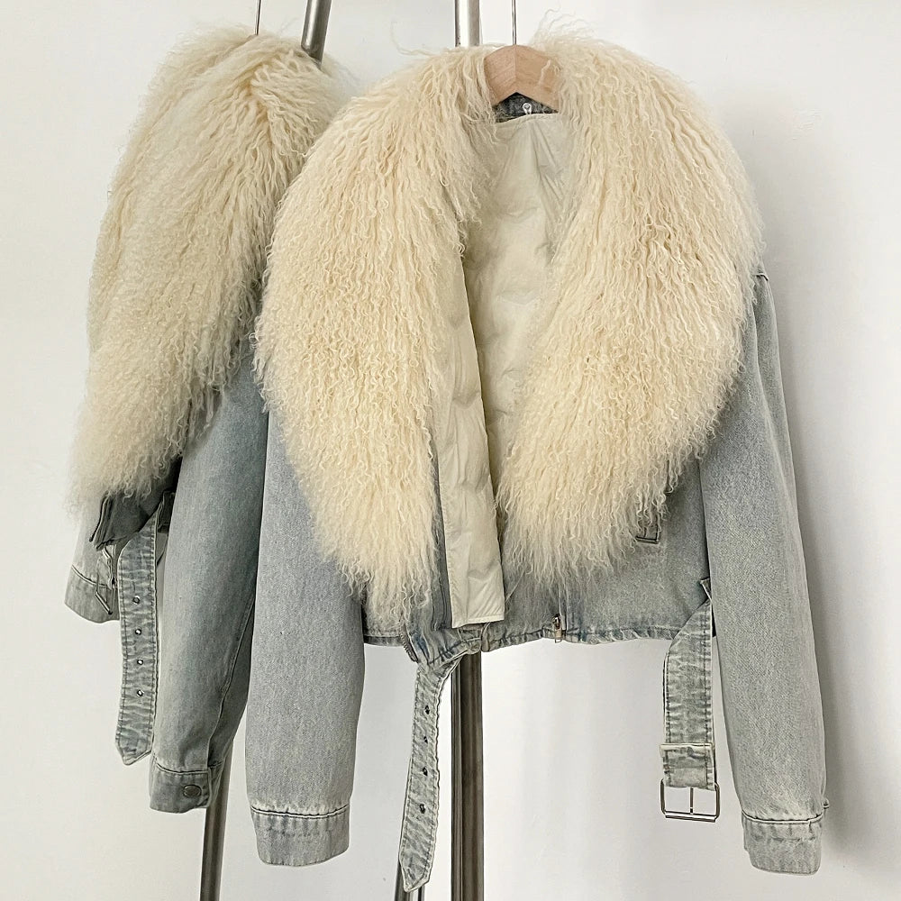 Denim jacket with fluffy beige fur collar 