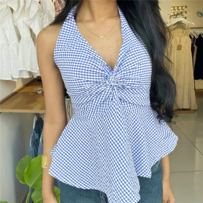 Blue gingham twist front halter peplum top