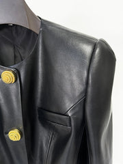 Black PU Leather Shrug Jacket with Y2K buttons for women.