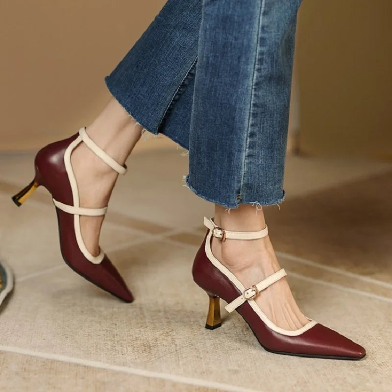 Pointed Toe Thin Heel Pump Leather Mary Janes Shoes