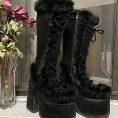 Faux Fur Platform Block Heel Boots