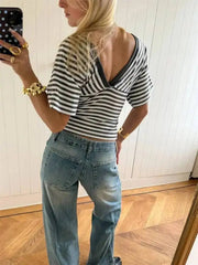 V-Neck Striped Knit Cropped Top with Dolman Sleeves