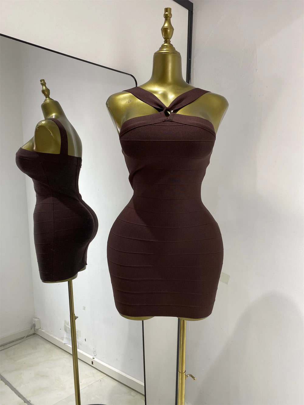 Brown halter neck mini dress with ribbed texture