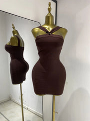 Brown halter neck mini dress with ribbed texture
