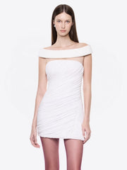 Off shoulder ruched mini dress studio shot
