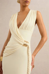 Draped Sleeveless With Gold Accessory Maxi Dress