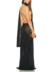Sheer Knit Draped Scarf Neck Detail Maxi Dress