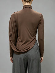 Brown Ruched Turtleneck Long Sleeve Top