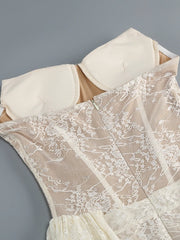 White Strapless Lace Corset Folds Draped Dress