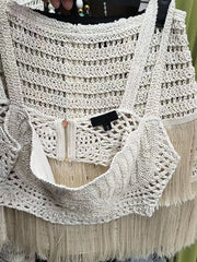 Crocheted Square Neck Crop Top and Fringe Mini Skirt Set