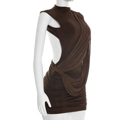 Draped Mock Neck Open Back Mini Dress