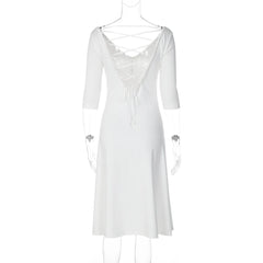 V-Neck Three Quarter Sleeve Backless Tie Up Midi Dress