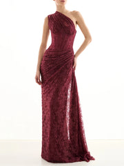 One Shoulder Corset Lace Draped Maxi Dress