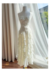 Strapless formal maxi dress with floral applique bodice and chiffon ruffles