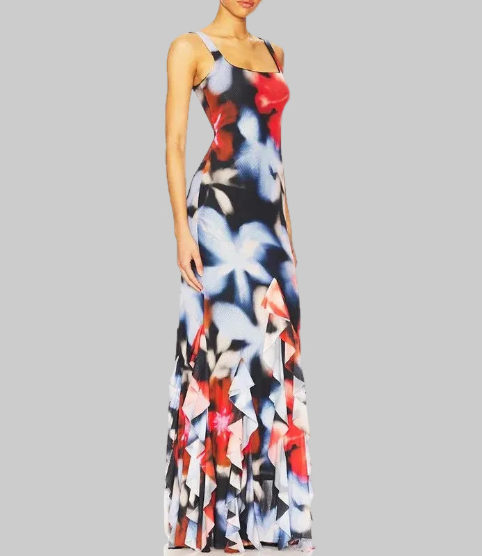 Multicolored abstract patterned dress on a white background