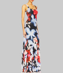 Multicolored abstract patterned dress on a white background